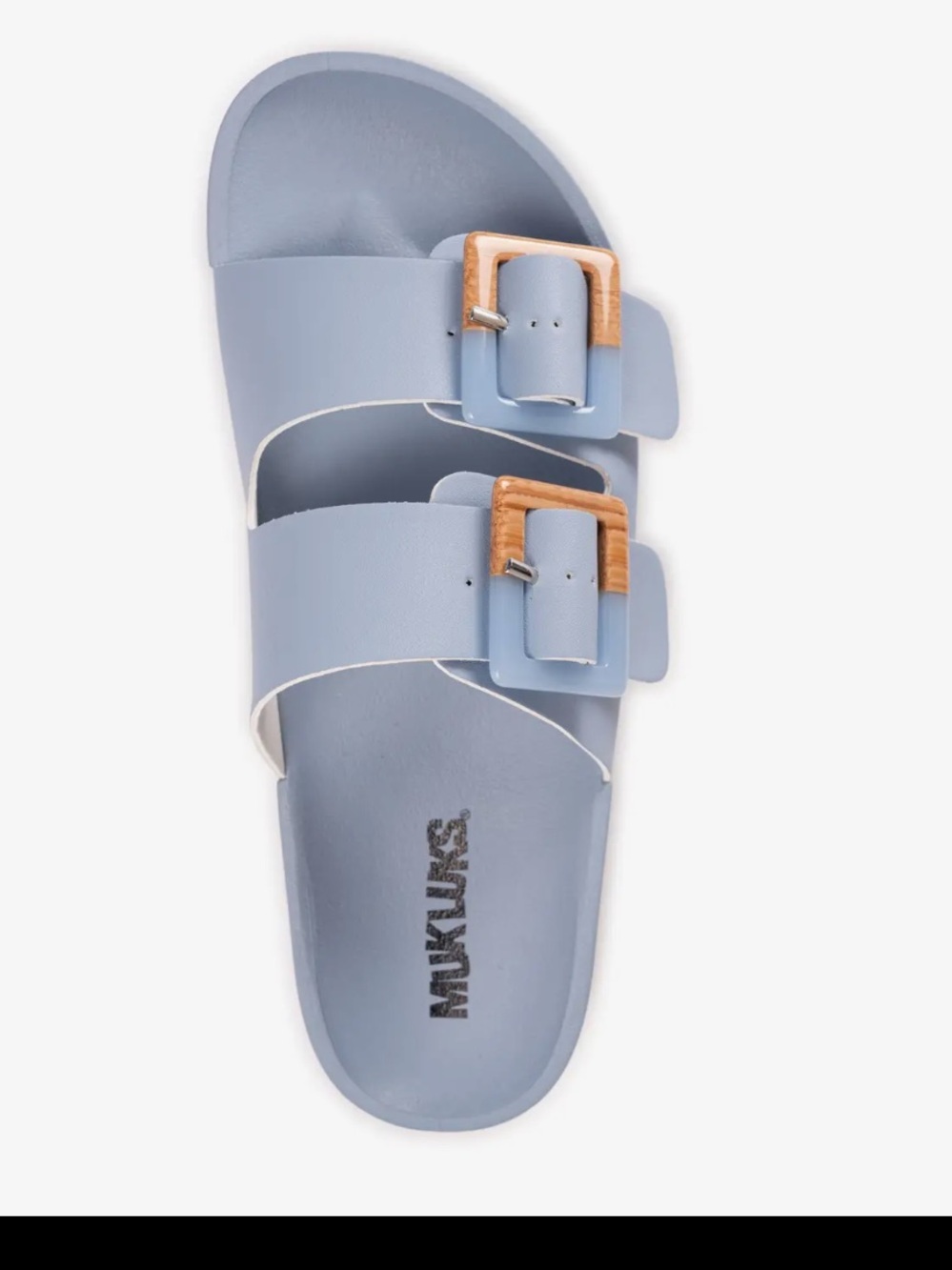 Muk Luks Powder Blue Double Buckle Slide with Wood-Accent Buckles NWT
